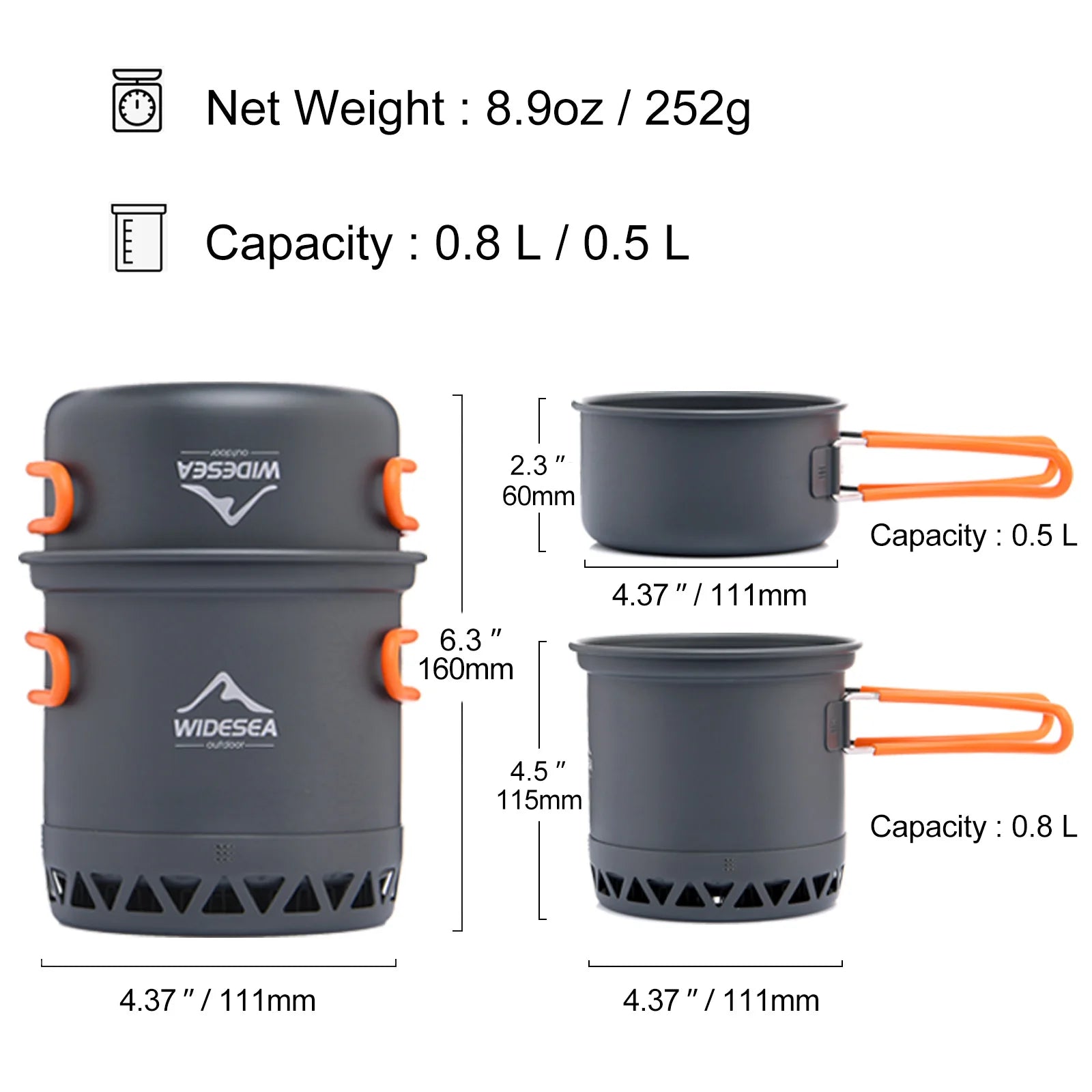 Widesea Camping 1.3L 2.3L Cookware Outdoor