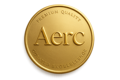Create a circular gold seal badge with elegant, minimalist design. In the center, place the word ‘Aerc’ in a luxurious serif font with a gold gradient. Surrounding the center text, add fine engraved text along the rim that says: ‘Premium Quality • Curated Excellence’. Use soft shadows, slight metallic texture, and balance the overall composition to reflect high-end branding. No background – transparent PNG output.